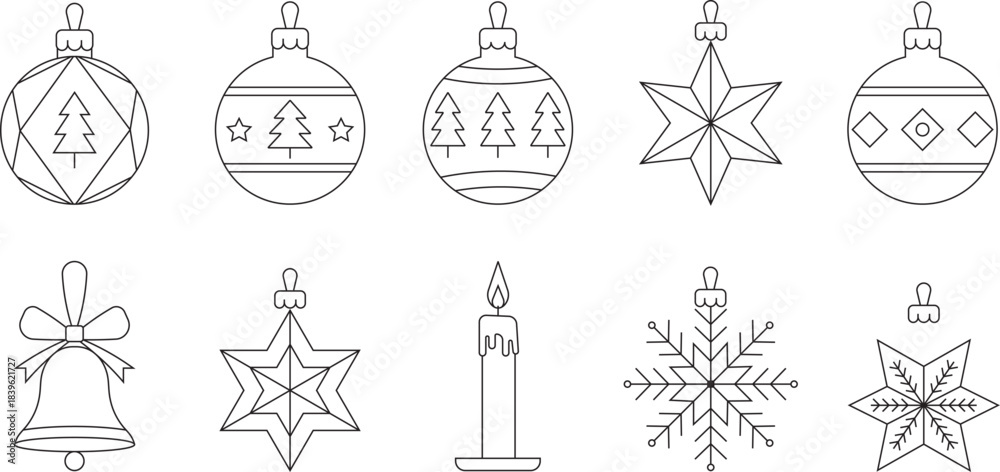 Fototapeta premium Minimal Line Art Christmas Icon Set with Ornament Balls, Star, Snowflake, Candle and Bell Elements for Holiday Design, Cards and Winter Decoration Projects