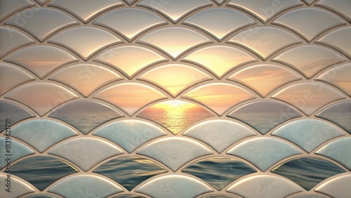 Frosted mosaic panel with curved tiles shows ocean sunset
