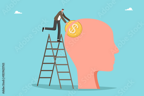 Business mentor guiding smart investments, cooperation for economic stability, financial wisdom, growth and effective money management. Businessman on ladder drops dollar coin into human head.