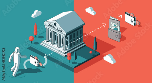 Central bank money transfer illustration showing digital finance concept