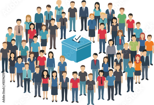 Diverse crowd circles a blue ballot box representing democratic voting processes