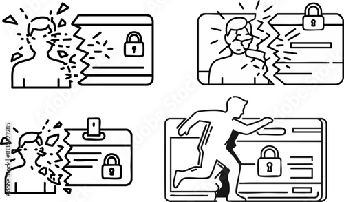 Security breach icons showing broken cards and fleeing silhouette concept
