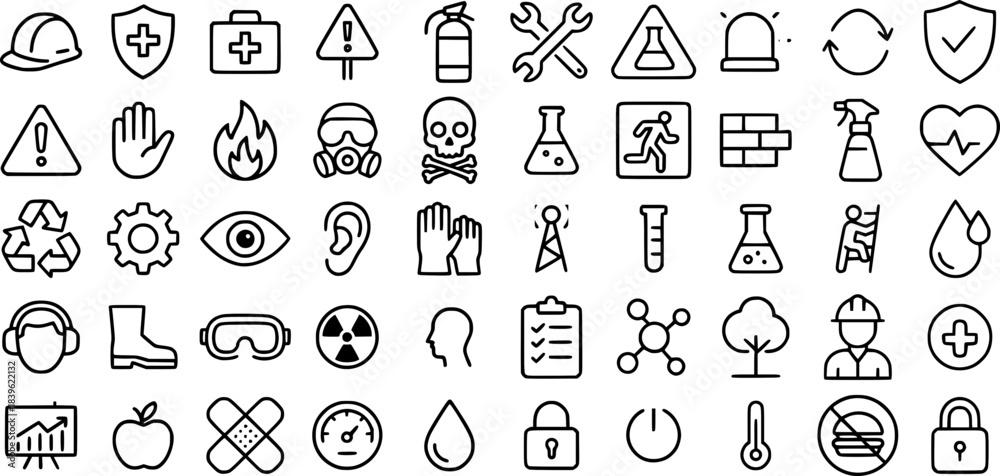 Naklejka premium Health safety and environment icon set with 50 professional workplace symbols for compliance and risk management graphics