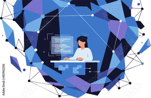 Female programmer coding complex algorithms within a digital network structure