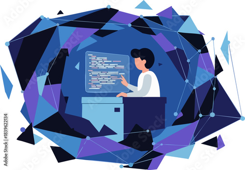 Developer coding software inside a futuristic digital abstract geometric frame