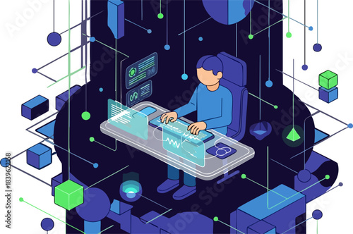 Programmer coding complex algorithms on futuristic holographic interface displays