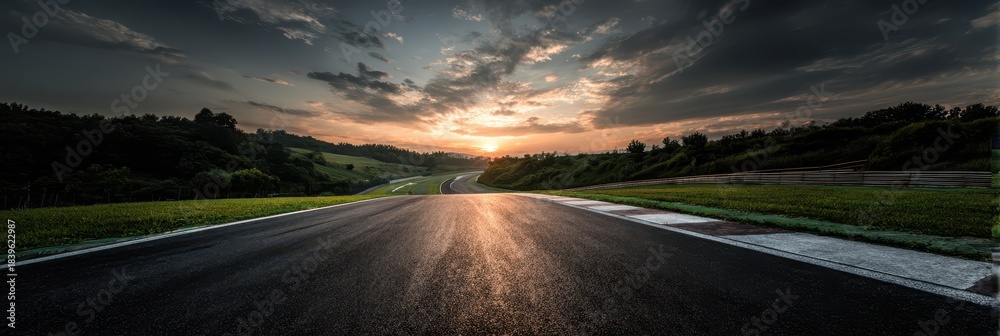 Obraz premium Scenic Empty Asphalt Circuit Surrounded by Verdant Forests at Sunset in Summer