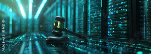 Digital Justice: A gavel rests atop a network of servers, symbolizing the application of law and order within the digital realm. This image highlights the intersection of justice and technology.