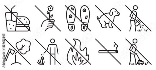 Black line lawn vector prohibitory icon set. Classic signs for parks, gardens and farms. Linear monochrome prohibitive symbols. Outline pictogram bundle, editable stroke