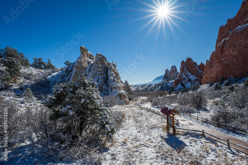 Beautiful winter scene on a sunny day at Central Garden park trail in Garden of the Gods in Colorado Springs, Colorado.