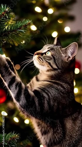 Tabby cat reaching for ornaments on Christmas tree with lights  