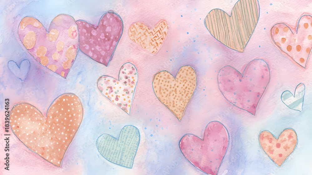 Obraz premium Gentle watercolor hearts create a dreamy pastel background full of love and whimsical design inspiration