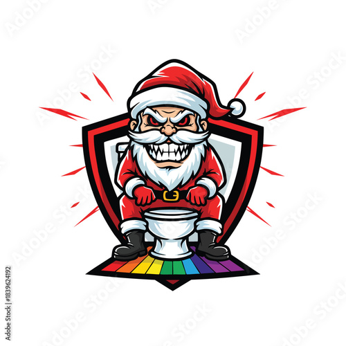 Angry Santa Claus Mascot Sitting on a Toilet on a Rainbow Mat, Humorous and Aggressive Christmas Logo Design.