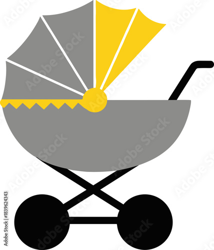 Gray baby stroller with yellow canopy on a light background