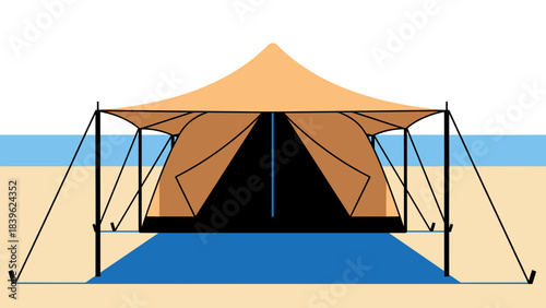 Beach tent with orange canopy on a sandy background