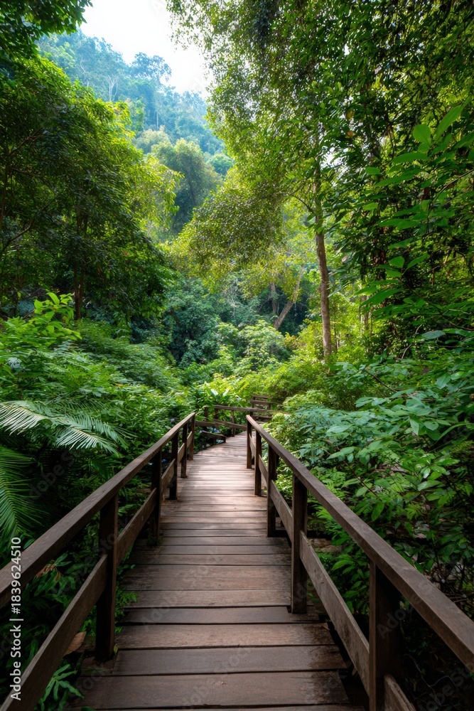 Obraz premium Serene wooden pathway through lush green forest in sunlight