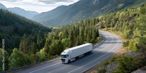 White truck driving on scenic mountain highway surrounded by lush forest