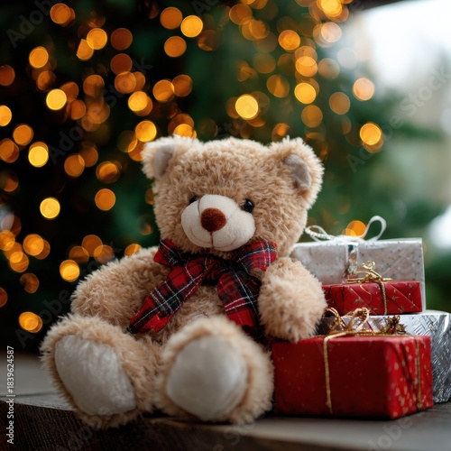 Cozy teddy bear with christmas gifts and festive lights background