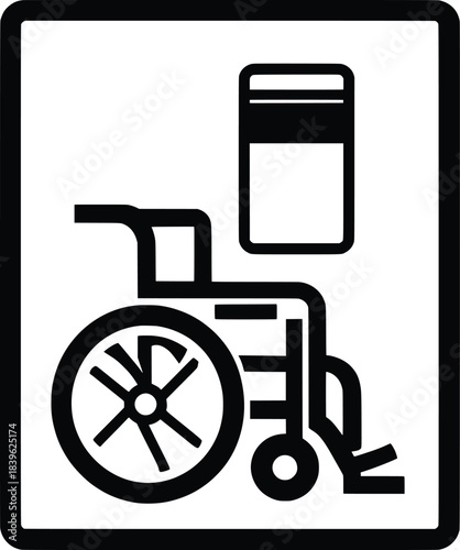 A black and white wheelchair accessible icon with a beverage holder