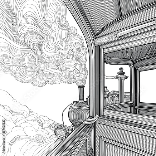 Steam train leaving station seen from train window line art vector