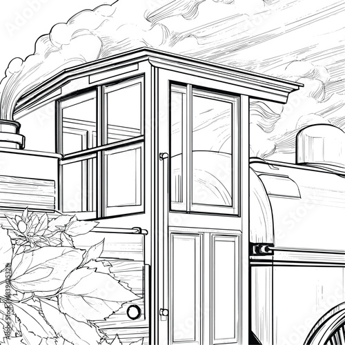 Historic steam train with nature elements in foreground line art vector