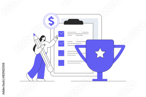 Successful completion of business tasks. Target award for best results in business. Trophy with handles, cup for successful completion of tasks and achieving success. Flat Cartoon Vector Illustration