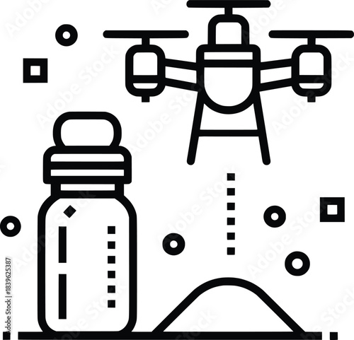 Drone spraying chemicals or fertilizers over crop field agriculture smart farming technology with bottle drone icon