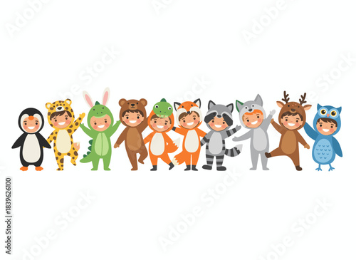 Children wearing animal onesies as playful costumes, happily dressed as dinosaurs, kangaroos, lions, and cows in a flat vector illustration set against a white background
