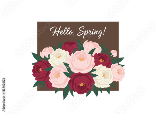 A horizontal floral backdrop featuring a border of delicate, blooming spring peonies and a “Hello Spring” inscription, presented as a botanical flat vector illustration set against a dark background