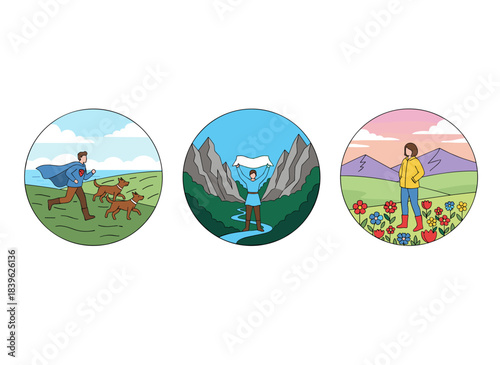 Individuals wander alone amidst tranquil nature, with joyful men and women strolling and traveling in solitude, enjoying outdoor scenes in spring and autumn, depicted in colored flat vector
