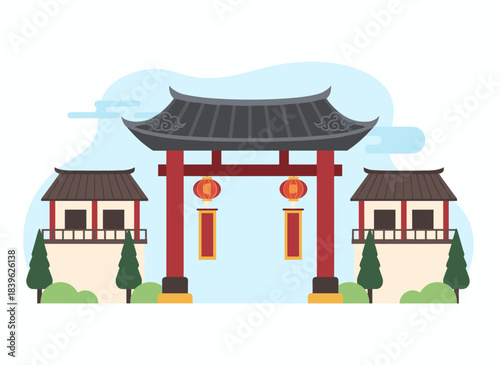 Flat vector illustration of a Chinatown street panorama featuring Chinese gates, Asian architecture, eastern building walls with decorations and red lanterns, and the exterior view of the town