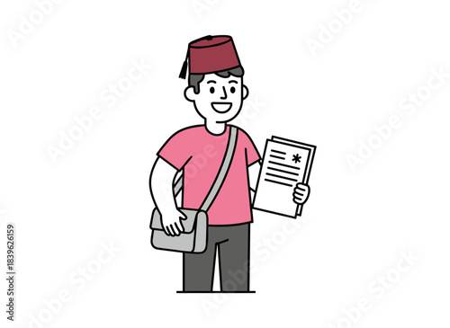 A humorous male cartoon postman, carrying a bag and newspapers, stands alone on a white background in a vibrant flat illustration