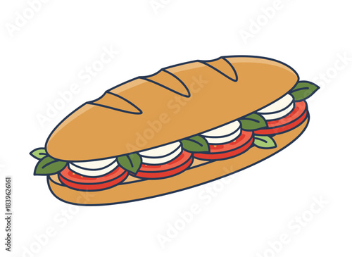 A vegetarian baguette sandwich filled with fresh vegetables, tomato slices, black olives, arugula, and mozzarella cheese—an ideal healthy fast‑food snack, depicted as a flat vector illustration on a