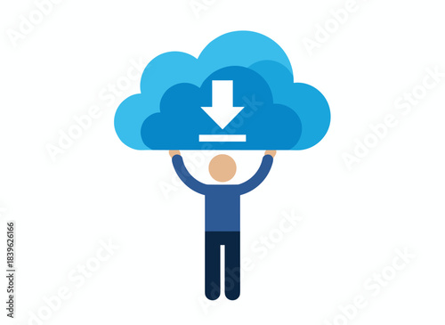 A cheerful individual clutching a large cloud with an arrow symbolizing online storage, depicting data download and upload, rendered as a colored flat vector illustration of an internet archive set
