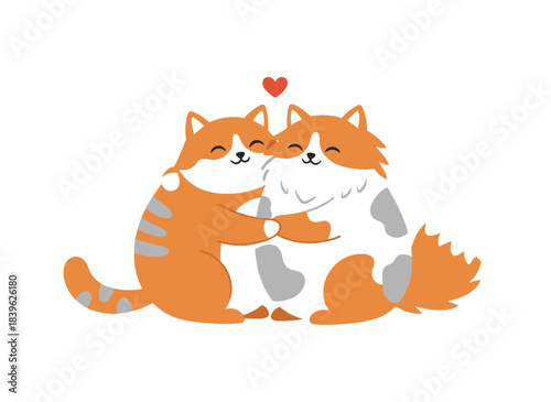 A charming cat embraces another with its paws, grooming and licking its feline companion; two playful cats in love, depicted as adorable, affectionate pussycats in a flat vector illustration set