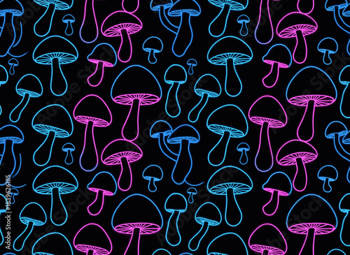 A psychedelic seamless pattern featuring hand‑drawn psilocybin or hallucinogenic mushrooms with vibrant lines on a black background, designed as a modern illustration for fabric prints, wallpaper