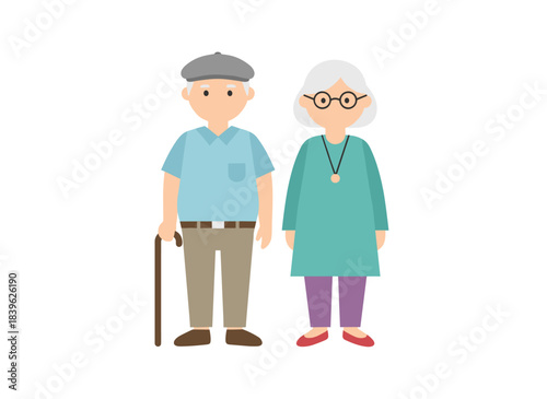 A charming elderly couple or grandparents, an old man and woman with canes in elegant outerwear strolling together, depicted as flat cartoon characters in a colorful illustration