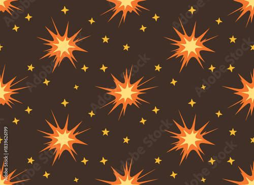 A seamless pattern featuring explosive and booming effects, star bursts, fire blasts, and endless repeating prints for background design, suitable as texture for fabric, textiles, and wrapping