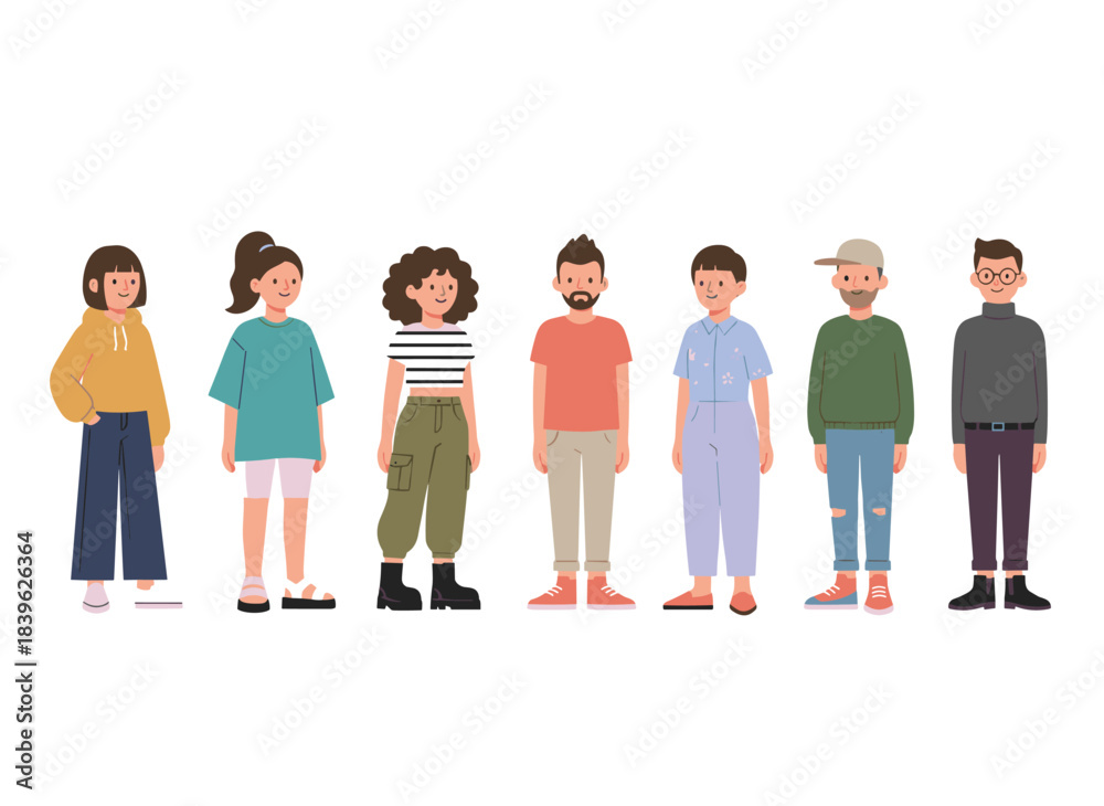 Obraz premium A colorful illustration of a trendy youth fashion collection featuring hand‑drawn stylish young people on the street