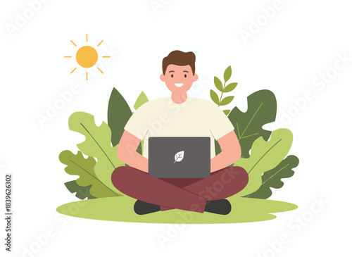 A cheerful employee works in a positive, well‑equipped environment, while a man with a laptop enjoys a stress‑free, psychologically supportive setting, all depicted in a flat vector illustration