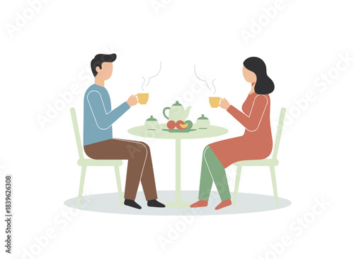 A cheerful young couple enjoys breakfast together at home, smiling as they sit at the table in a colorful flat cartoon vector illustration of their daily life