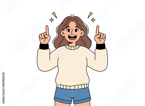 A cheerful woman points upward with her fingers, demonstrating an advertising gesture; a smiling office worker presents and informs, all depicted in a flat vector illustration on a white background