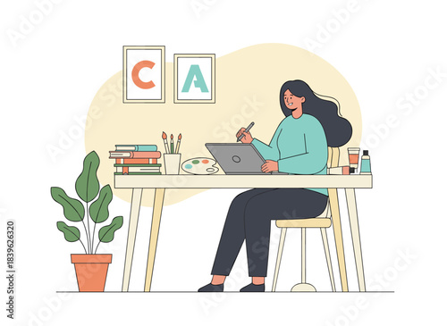 A lettering and calligraphy artist works at her desk, designing typography and drafting a handwriting font, depicted as a creative woman in a flat vector illustration against a white background