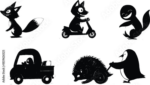 A collection of whimsical animal characters in various playful scenarios including a fox on a scooter and a penguin pulling a hedgehog