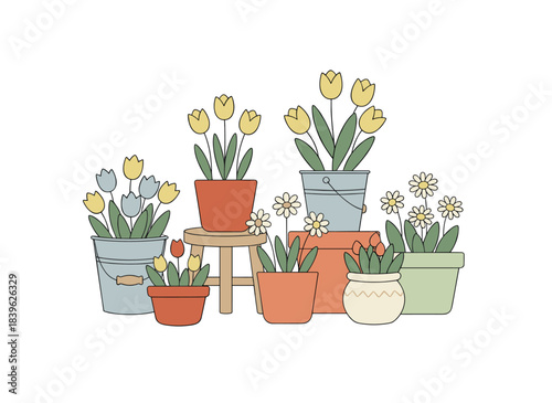 Modern flora depicted in flat vector style, featuring blossoming flowers and foliage plants arranged in pots, vases, and baskets, with blooming floral bouquets set against a white background