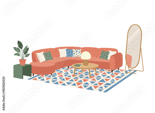 A flat vector illustration of a modern, cozy living room featuring a corner sofa, cushions, coffee table, plant, rug, lamp, and floor mirror against a white background