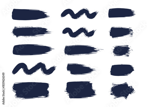 A collection of gritty black ink brush strokes, textured paint strokes, and rough paintbrush lines featuring stripes and streaks in a grunge style, presented as a vector illustration on a white
