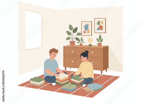 A couple sorting, folding, and organizing clothes together in a cheerful flat vector cartoon illustration of a household cleanup scene