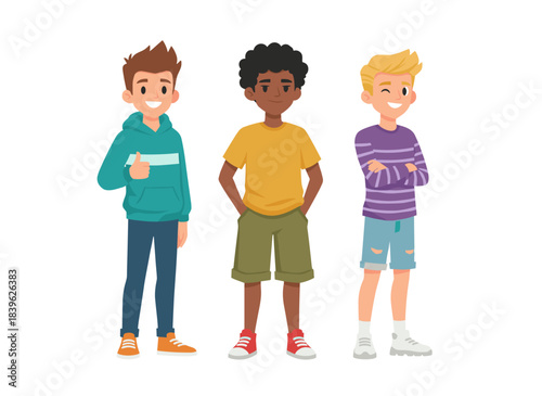 A cheerful group of teenage boys, each carrying backpacks, bags, and books, stand together in a flat vector illustration, smiling and waving, depicted against a white background as classmates or