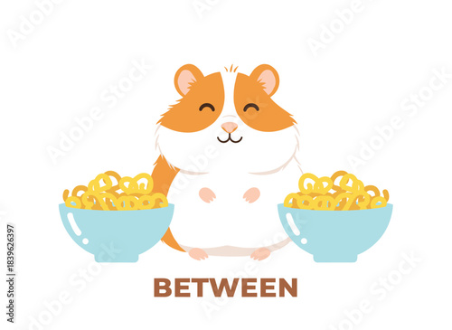 A charming hamster perched between two bowls, illustrating an English preposition of place, with a humorous depiction of a plump‑cheeked animal and a standalone inscription against a white backdrop